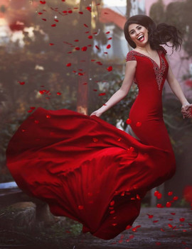 Mermaid Beading V-Neck Cap Sleeves Long Backless Red Prom Dress