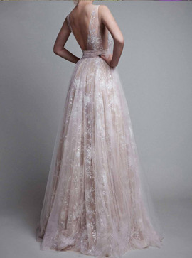 Long Champagne Tulle A-Line Deep V-Neck Prom Dress