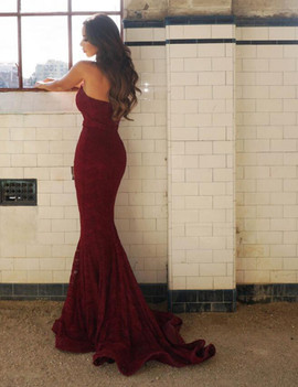 Mermaid Sweetheart Long Burgundy Lace Prom Evening Dress