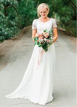 Chiffon V-neck Cap Sleeve A-line Wedding Dress With Beadings