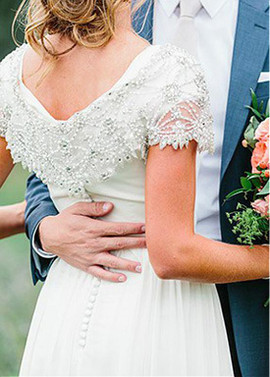 Chiffon V-neck Cap Sleeve A-line Wedding Dress With Beadings