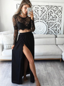 Lace Top Two Piece Jewel Long Sleeves Black Prom Dress