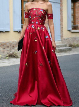 Dignified Strapless Red  Appliques Short Sleeves Prom Dress