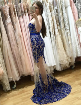 Mermaid Sweetheart Lace Royal Blue Tulle Prom Dress