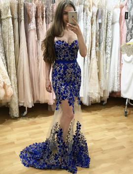Mermaid Sweetheart Lace Royal Blue Tulle Prom Dress