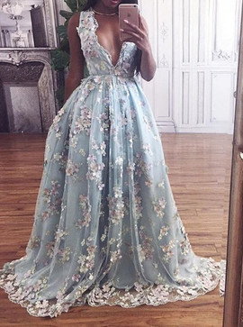 Floral Deep V-Neck  Appliques Light Sky Blue Prom Dress