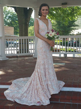 Mermaid V-Neck Beading Long Light Champagne Lace Prom Dress 