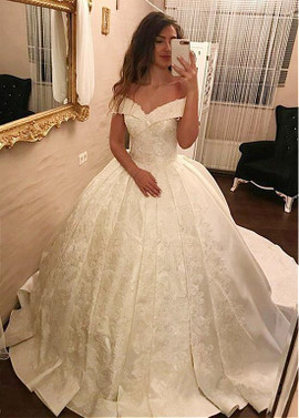 Satin Off-the-shoulder Appliques Ball Gown Wedding Dress
