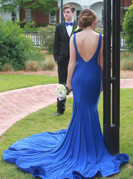 Mermaid Bateau Long  Backless Train Royal Blue  Red Prom Dress