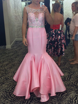 Bateau Ruffles Mermaid Pink Prom Dress Beading