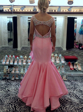Bateau Ruffles Mermaid Pink Prom Dress Beading