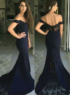 Mermaid Off-the-Shoulder Lace Navy Blue Stretch Satin Prom Dress 