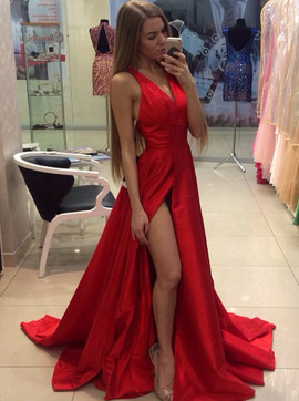 A-Line V-Neck Long Split-Side Red Satin Prom Dress