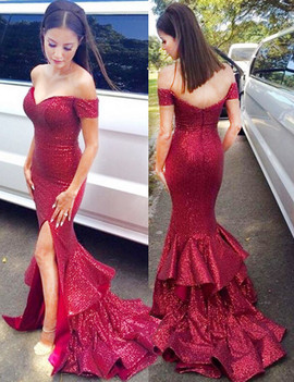 Ruffles Mermaid Off-the-Shoulder Long Red Sequined Prom Dress