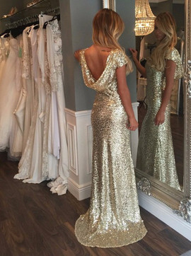 Sheath Crew Neck Cap Sleeveless Long Gold Sequin Prom Dress