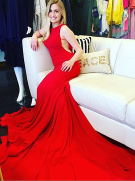 Mermaid Crew Court Train Backless Long Burgundy Stretch Satin Prom Dress