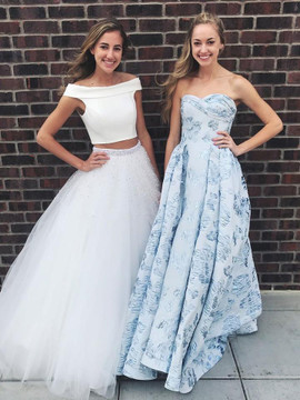  Beading Tulle Off-the-shoulder 2 Pieces A-line Prom Dresses 