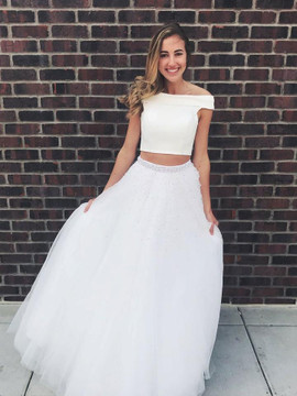  Beading Tulle Off-the-shoulder 2 Pieces A-line Prom Dresses 
