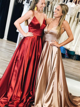 Long Satin Spaghetti Straps Prom Dresses A-line Sexy Evening Gowns 
