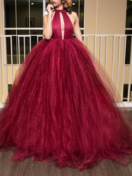 Ball-Gown Halter Floor-Length Burgundy Tulle Pageant Prom Dress