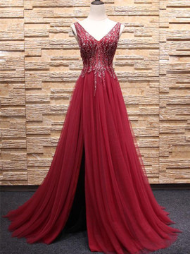 A-line V-neck Long Tulle Sequin Beaded Red Prom Dress