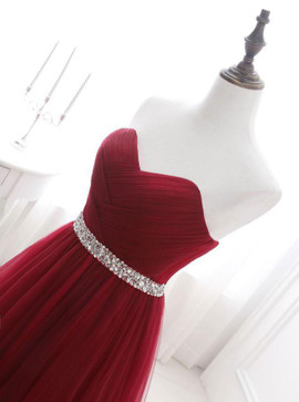 Burgundy Sweetheart Sweep Train Tulle Rhinestone Prom Dress