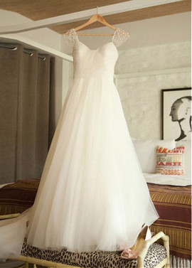 Cap Sleeve Tulle Scoop Neckline A-line Detachable Belt Wedding Dress 