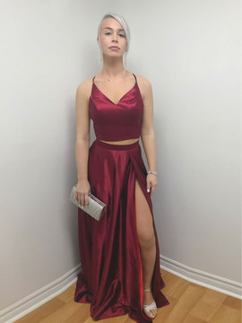 Satin Spaghetti Straps Long 2 Pieces A-line Prom Dress