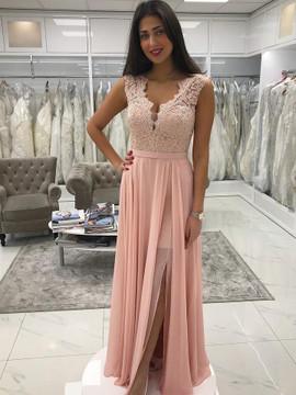 Beading Applique Chiffon V-neck Neckline A-line Prom Dress