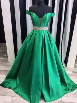 Satin Off-the-shoulder Beading Long A-line Prom Dress