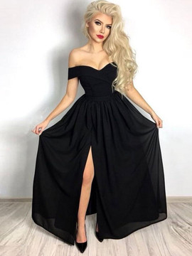Chiffon Off-the-shoulder Long A-line Prom Dresses With Slit