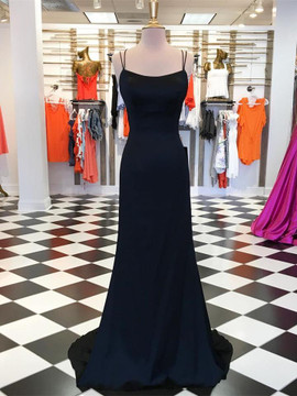 Sexy Long Satin Spaghetti Straps Long Sheath Prom Dress