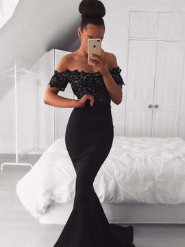 Black Satin Off-the-shoulder Appliques  Sheath Prom Dress