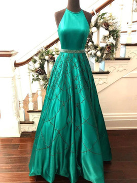 Satin Jewel Beading Cut-out Chapel Train A-line Prom Dress