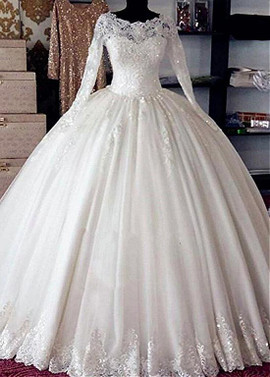 Beaded Appliques Tulle Bateau  Ball Gown Wedding Dress