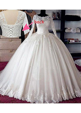 Beaded Appliques Tulle Bateau  Ball Gown Wedding Dress