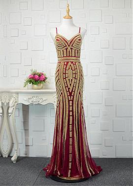 Beadings Tulle Spaghetti Straps Long Mermaid Prom Dress