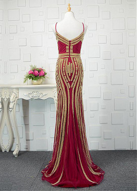 Beadings Tulle Spaghetti Straps Long Mermaid Prom Dress