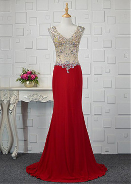  Tulle & Spandex V-neck  Beadings Red Mermaid Prom Dress