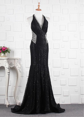  Lace & Tulle V-neck Beadings Floor-length Mermaid Evening Dress