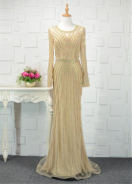 Gold Tulle Scoop Long Sheath/Column Prom Dress