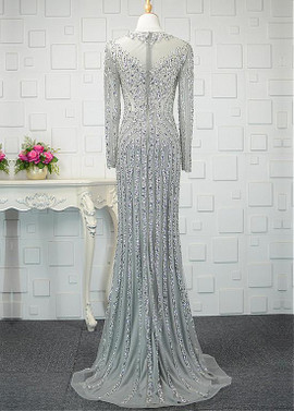 Tulle Jewel Beading Long Sleeve Sheath/Column Prom Dress