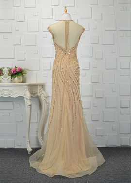 Tulle Jewel  Beading Gold  Sheath/Column Evening Dress