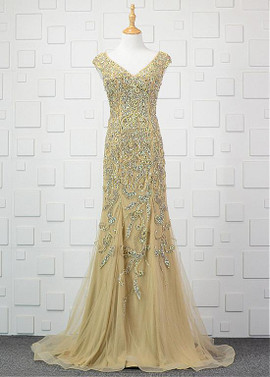 Tulle V-neck Gold Cap Sleeves Sheath/Column Evening Dress