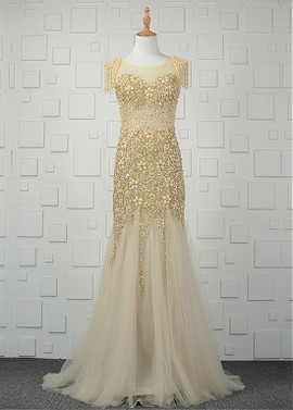 Tulle Jewel Beading Backless Gold  Mermaid Formal Dress