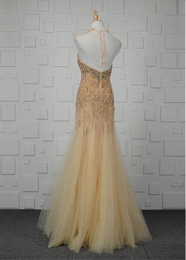  Beadings Tulle Halter Gold Tulle Mermaid Prom Dress