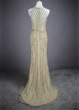Beading Tulle Halter Gold Sheath/Column Prom Dress