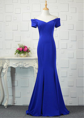 Sexy Satin Off-the-shoulder Blue Mermaid Prom Dress