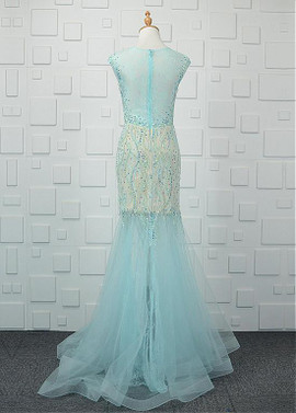 Lace & Tulle Jewel Beadings Ice Blue Mermaid Evening Dress