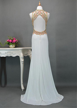 White Tulle & Chiffon Jewel Long Backless Sheath/Column Evening Dress